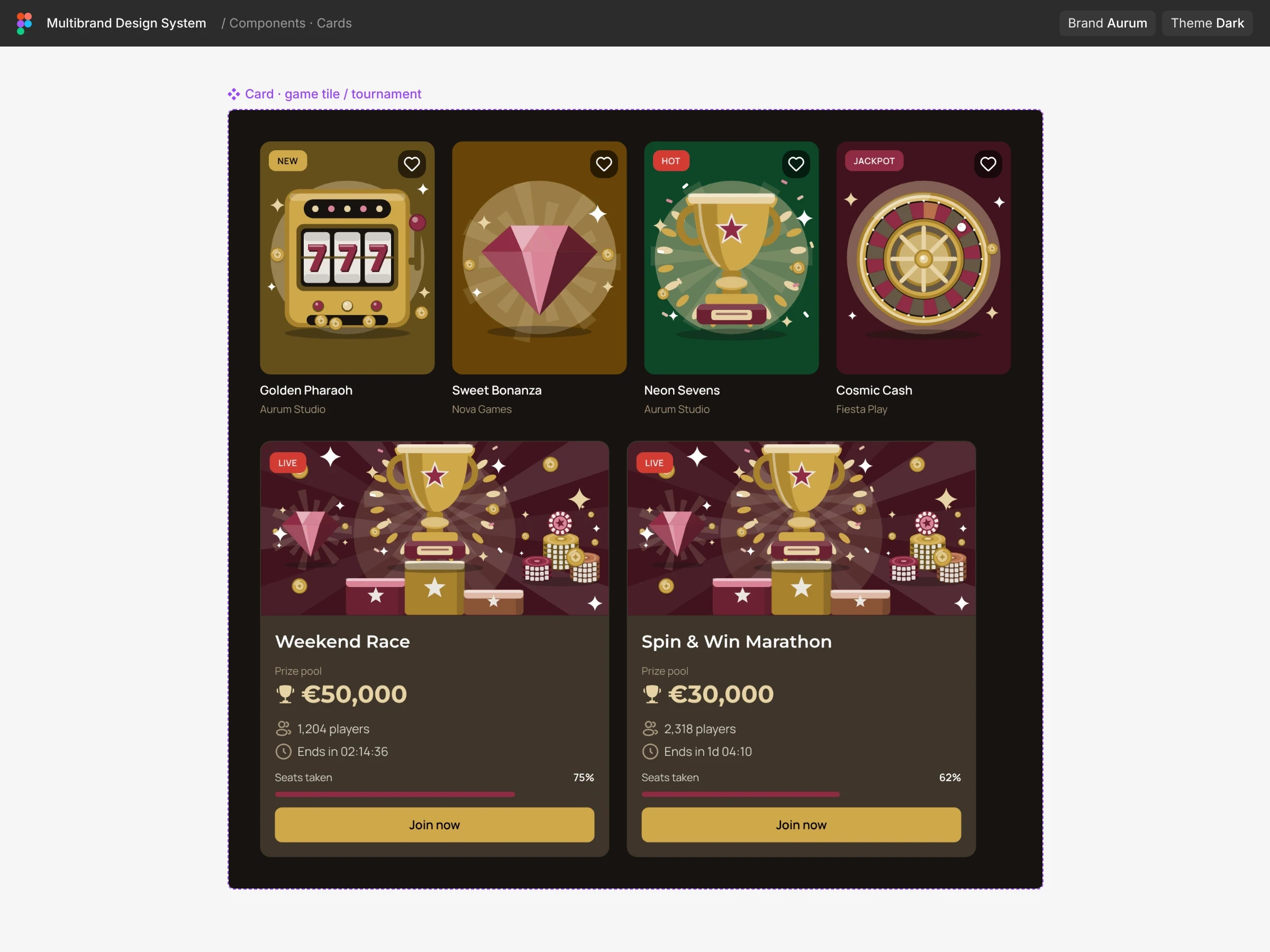Card set rendered from the demo in Aurum dark: game tiles and tournament cards