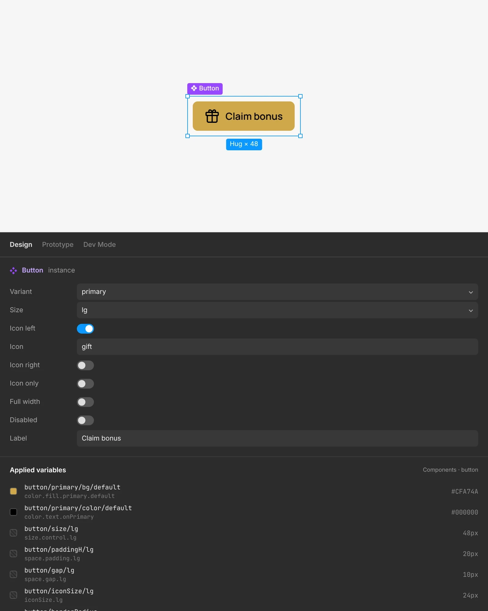 Button instance properties and the component variables it applies, with values from the demo