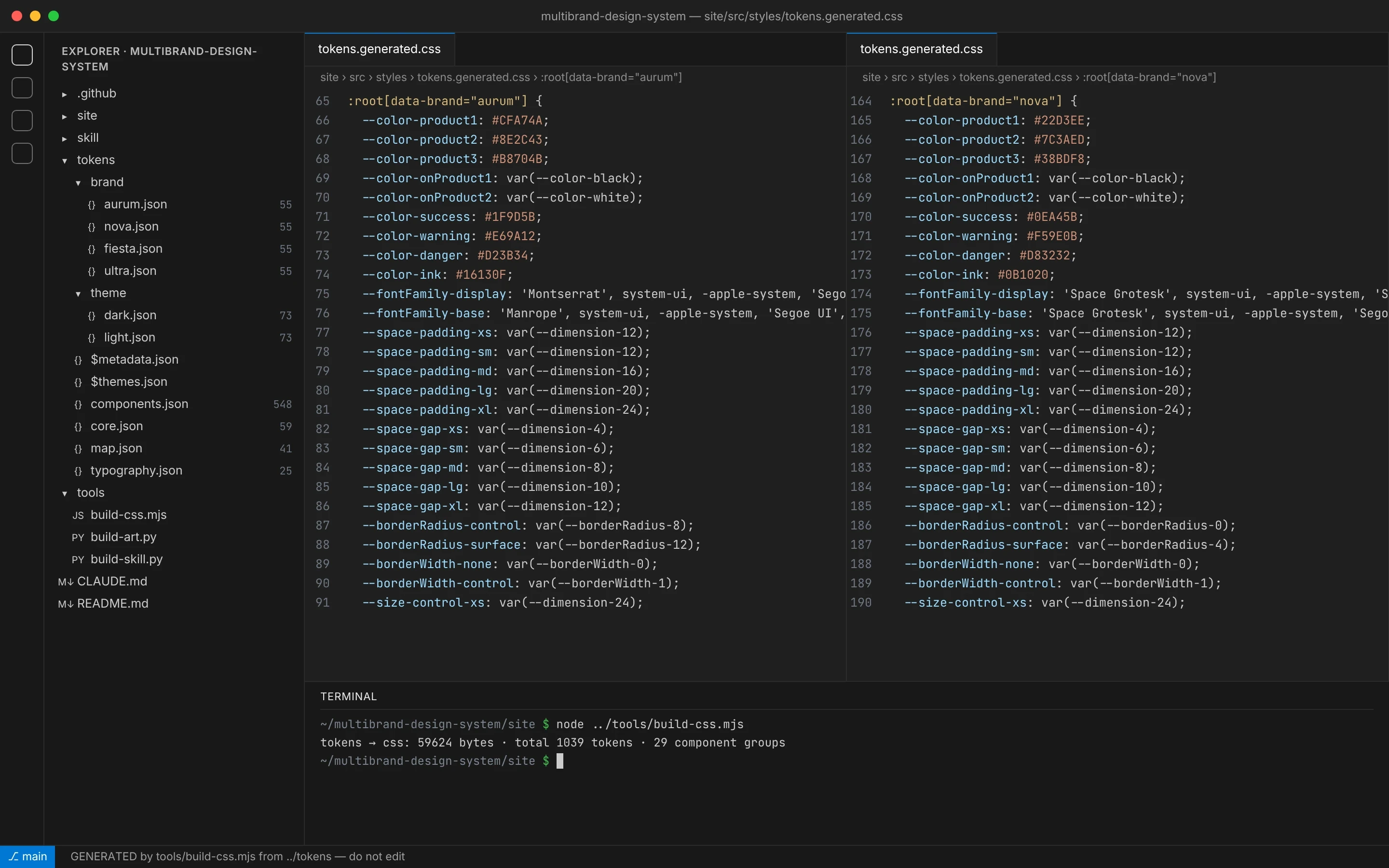 Generated CSS variables for Aurum and Nova side by side, and the build-css output: 1039 tokens