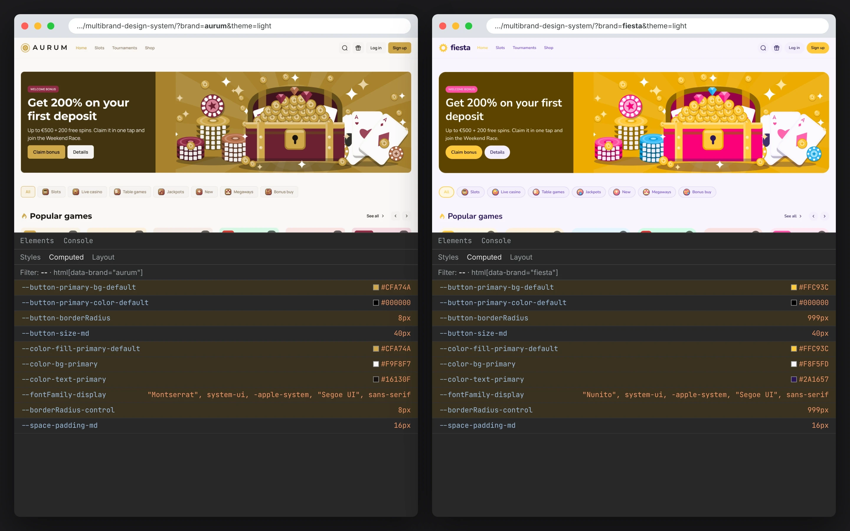 Computed CSS variables in Aurum and Fiesta side by side: highlighted values change with the brand
