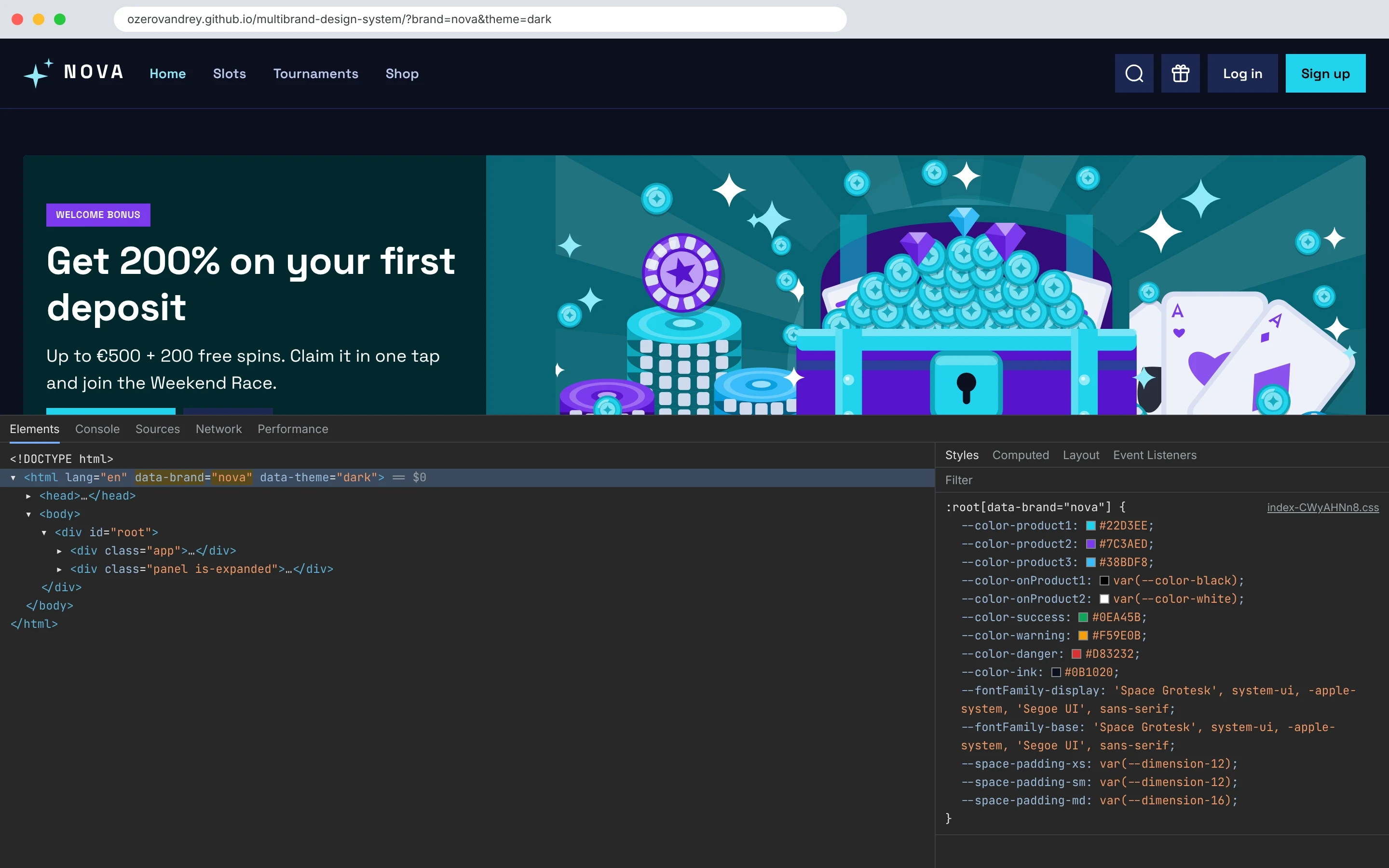 DevTools on the live demo: data-brand="nova" on <html> and the :root[data-brand="nova"] rule with its variables