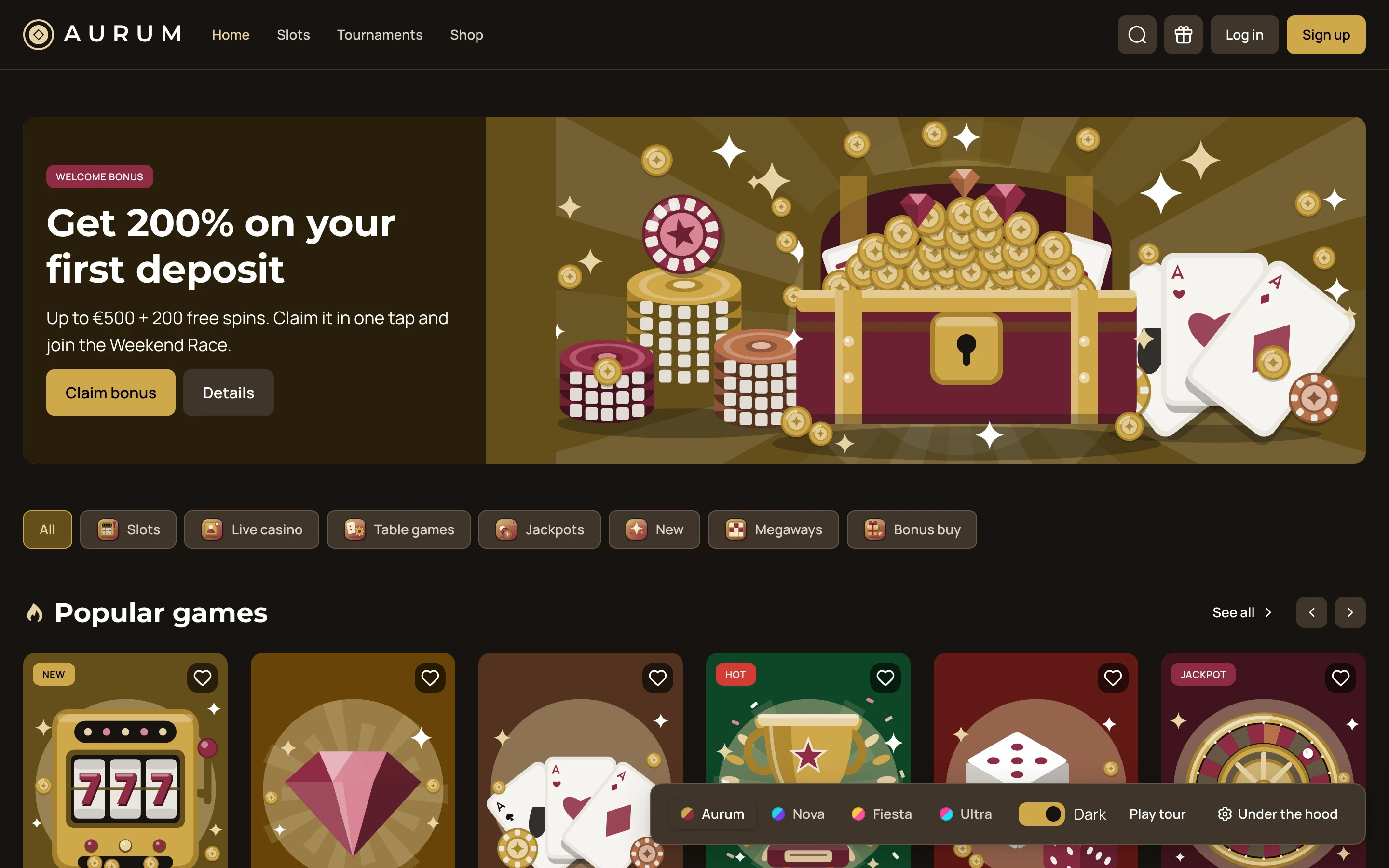 The demo casino lobby in the Aurum brand, dark mode