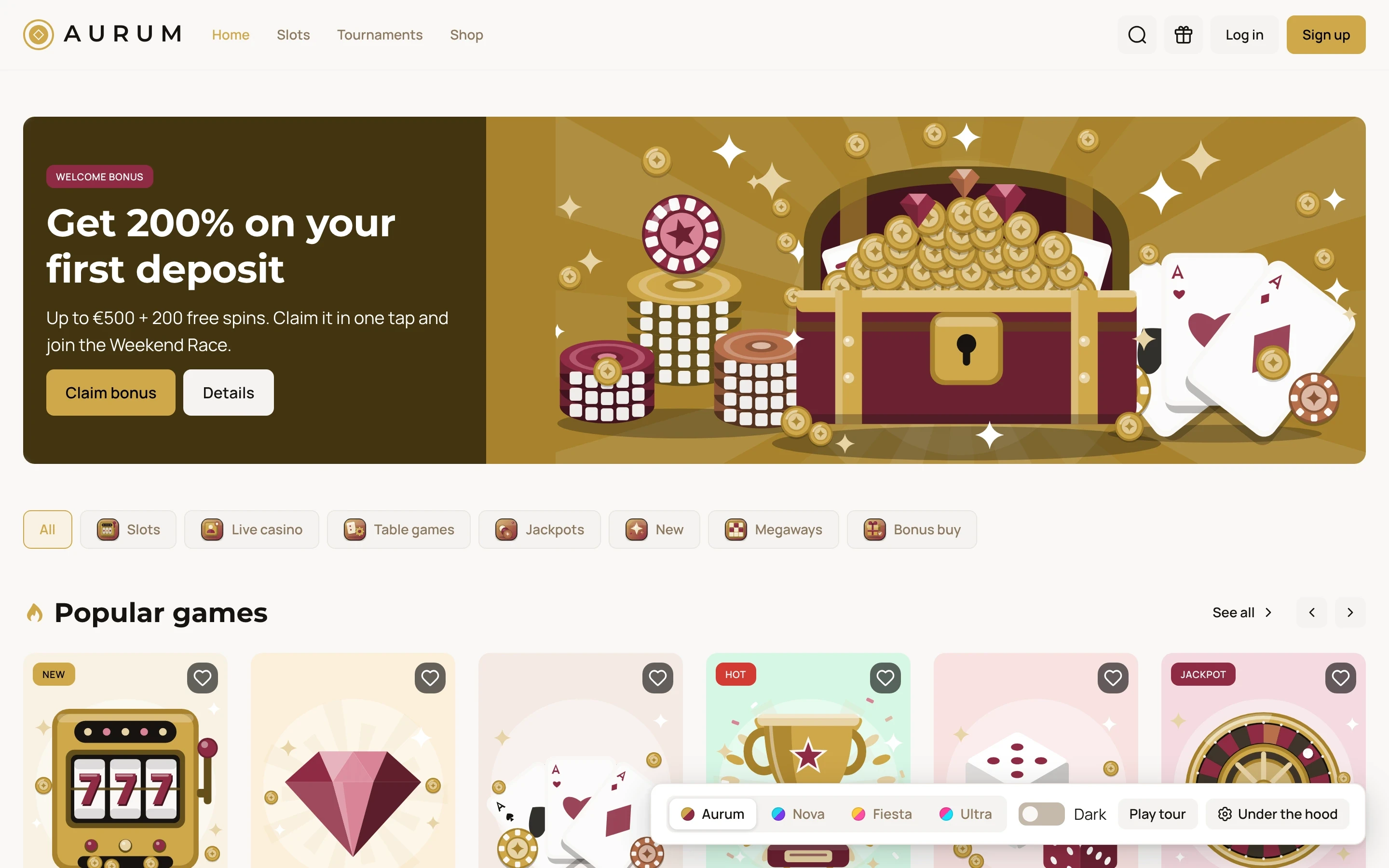 The demo casino lobby in the Aurum brand, light mode