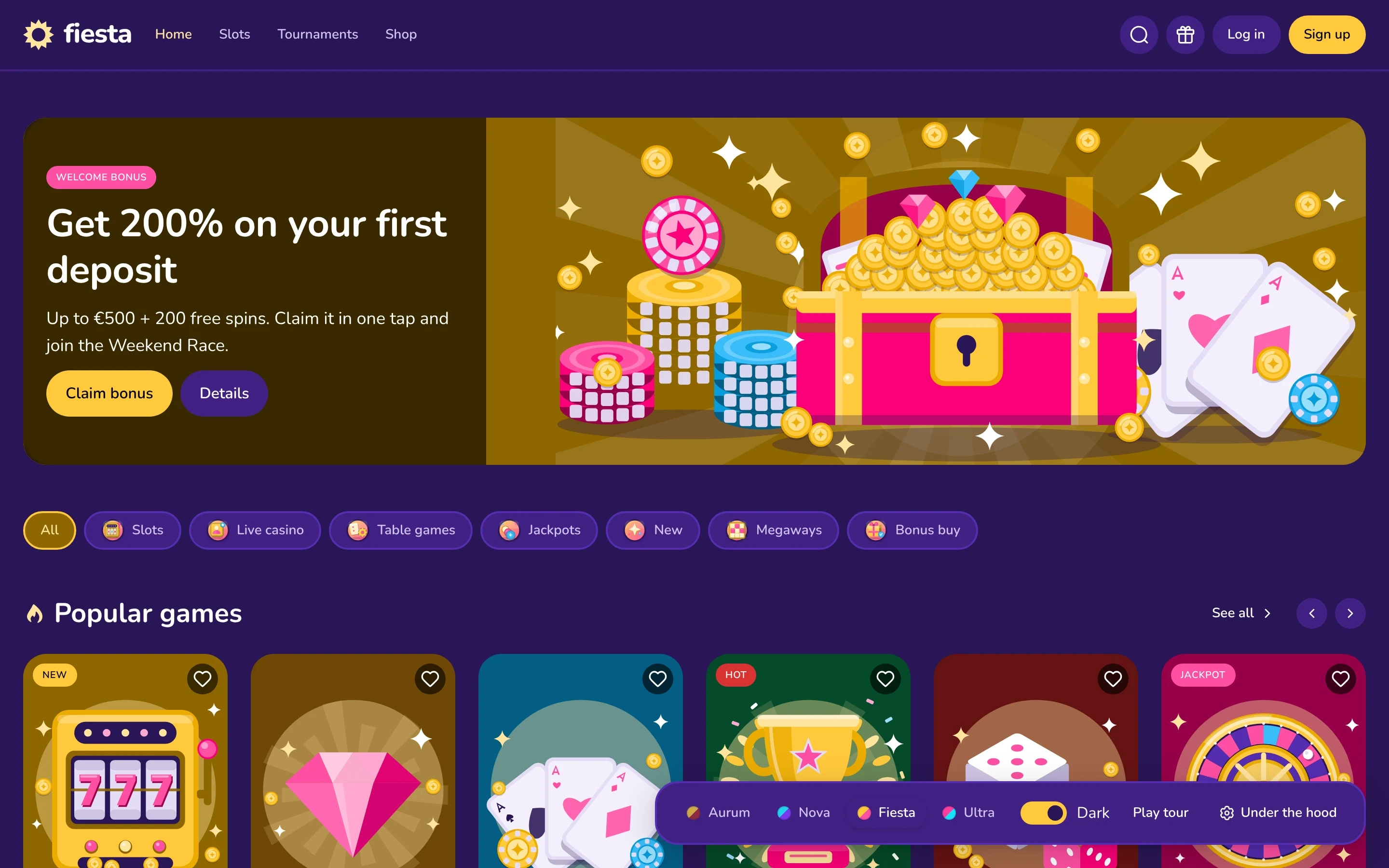 The demo casino lobby in the Fiesta brand, dark mode