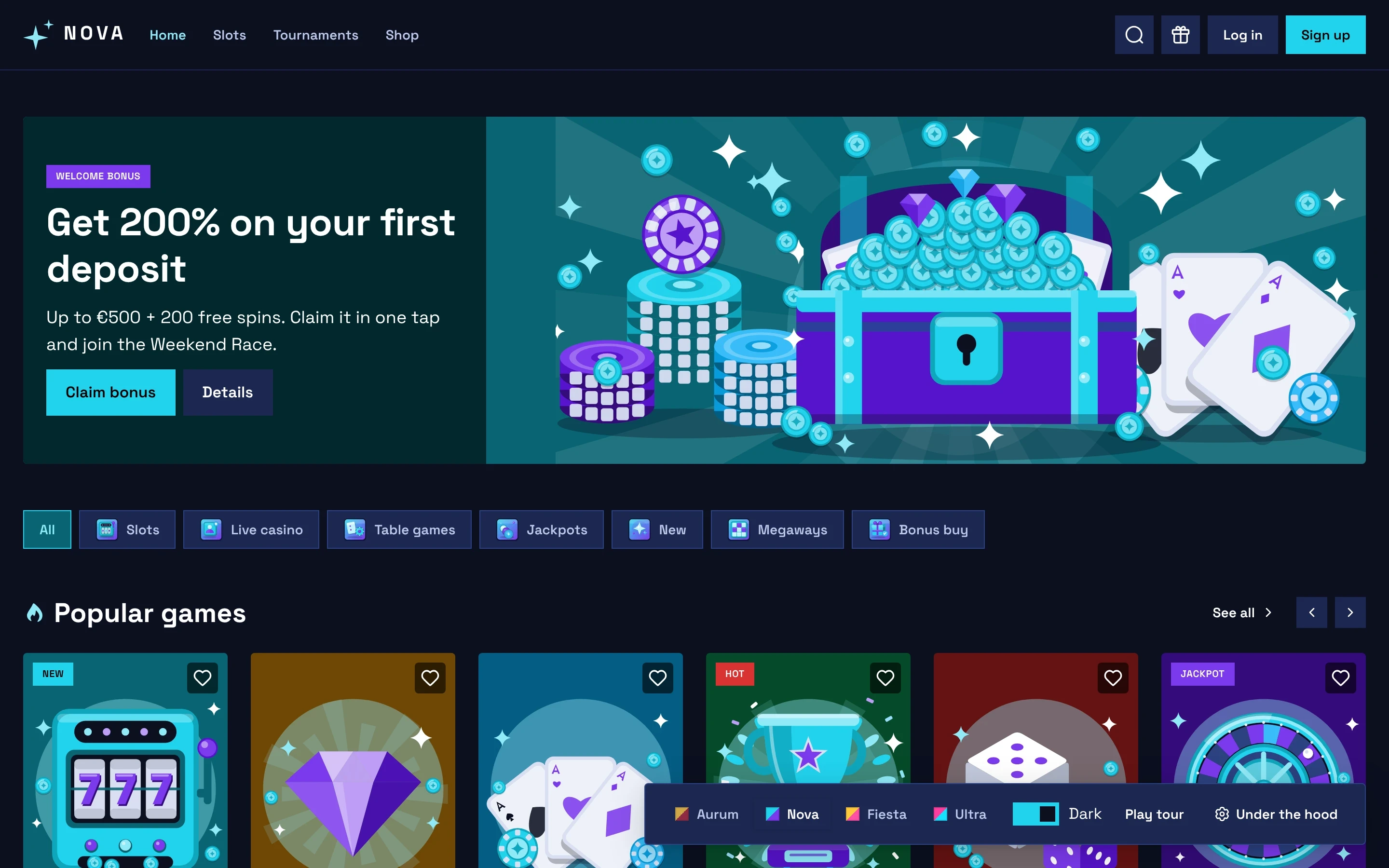 The demo casino lobby in the Nova brand, dark mode