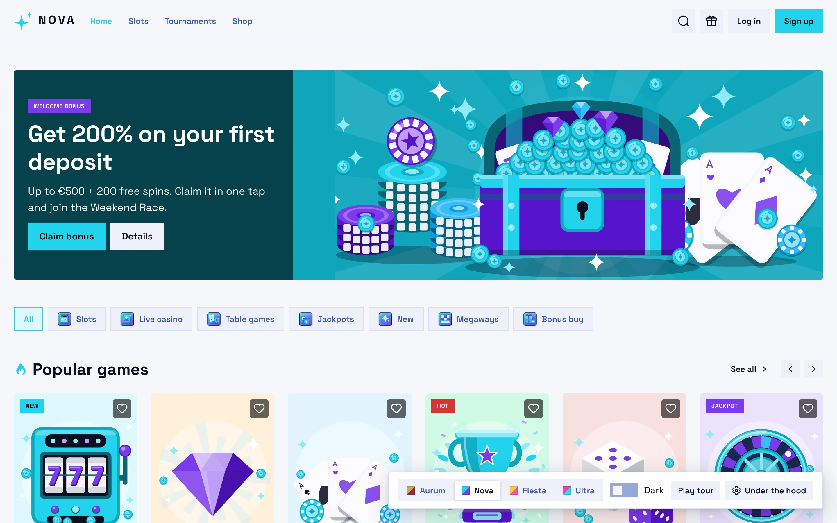 The demo casino lobby in the Nova brand, light mode
