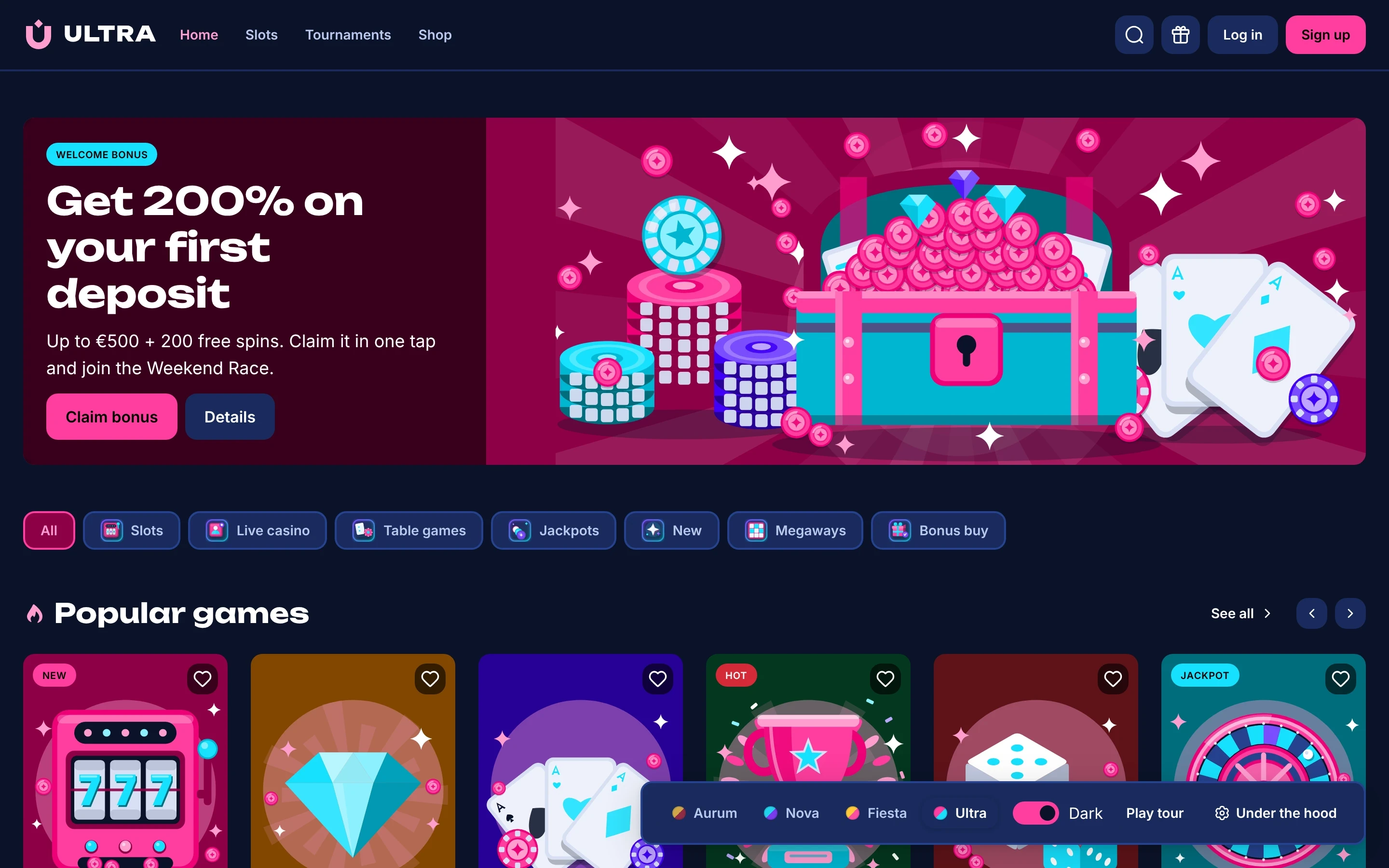 The demo casino lobby in the Ultra brand, dark mode