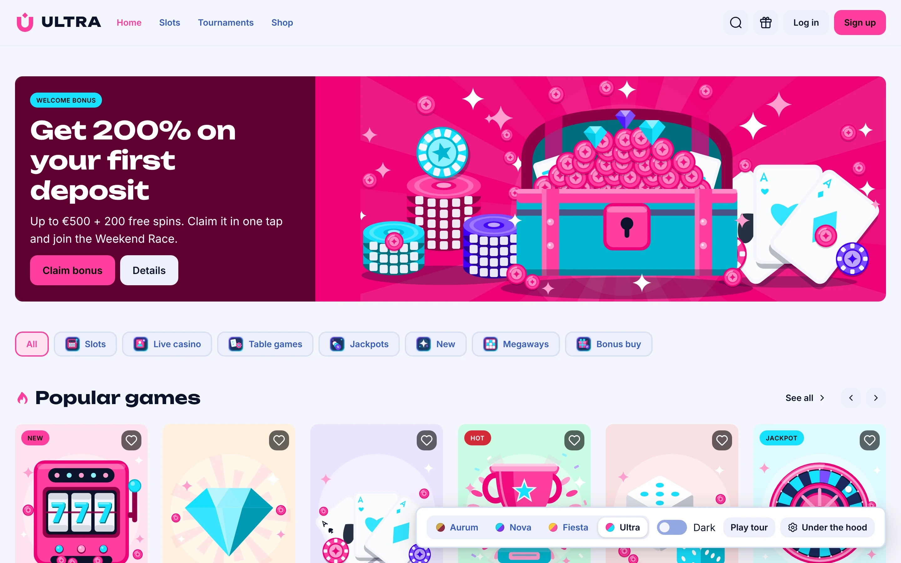 The demo casino lobby in the Ultra brand, light mode