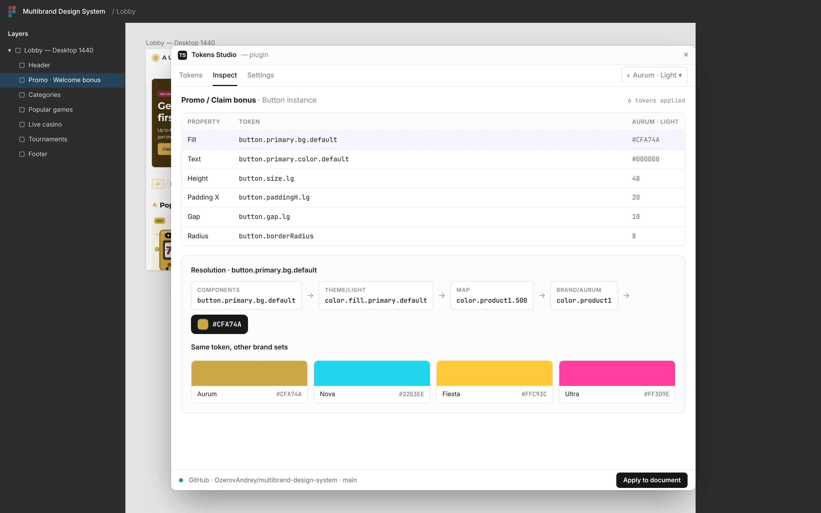 Token inspector, recreated from the demo tokens: button.primary.bg.default resolves through theme, map and brand to #CFA74A; the same token in four brands